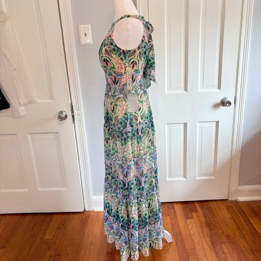 Eliza J Women 0P Maxi Dress Multicolor Paisley Halter Neck Tiered Chiffon NWT - Picture 3 of 8
